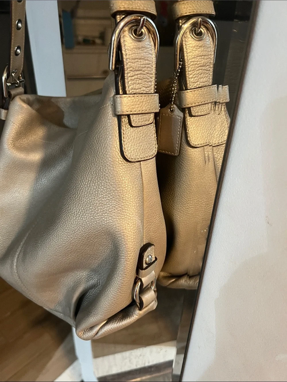 Classic silver Gray Leather Coach Shoulder Bag